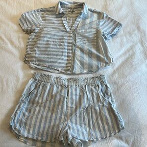 Madewell Cropped Shirt & Short Set, Blue/White, Size L